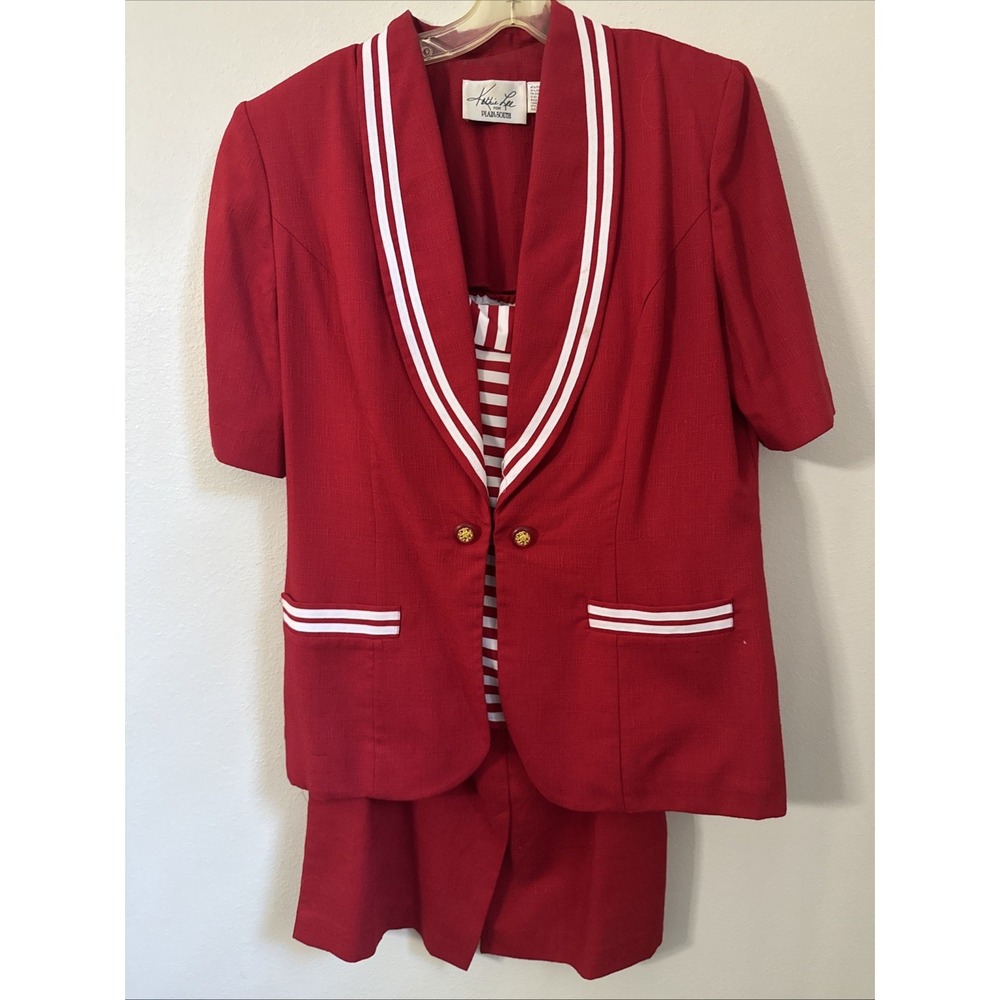 Vintage Kathie Lee Plaza South Red 3 Piece‎  Suit Size 14 Shirt, Jacket, Skirt